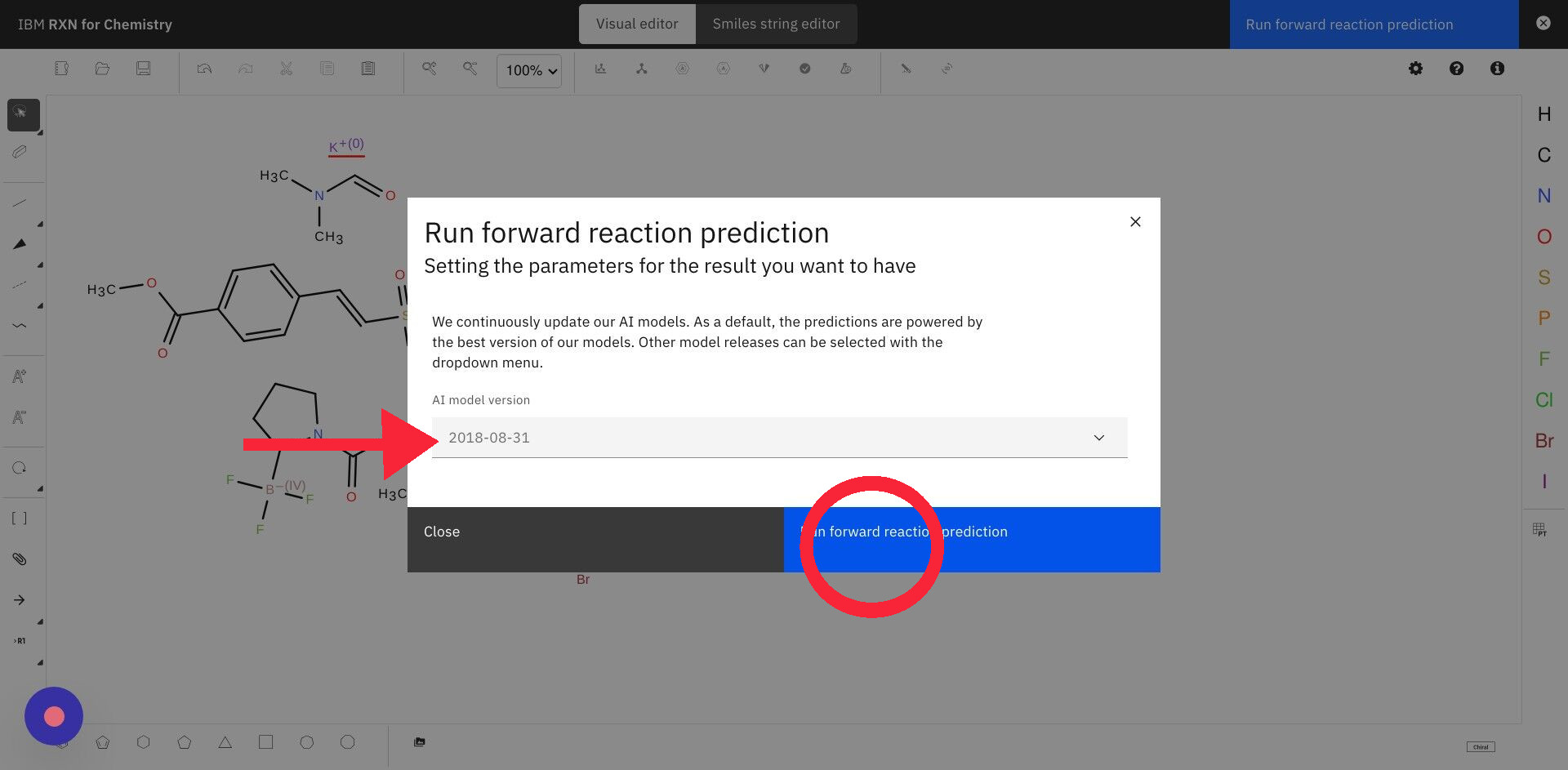 Screenshot of: Click "Run forward reaction prediction"