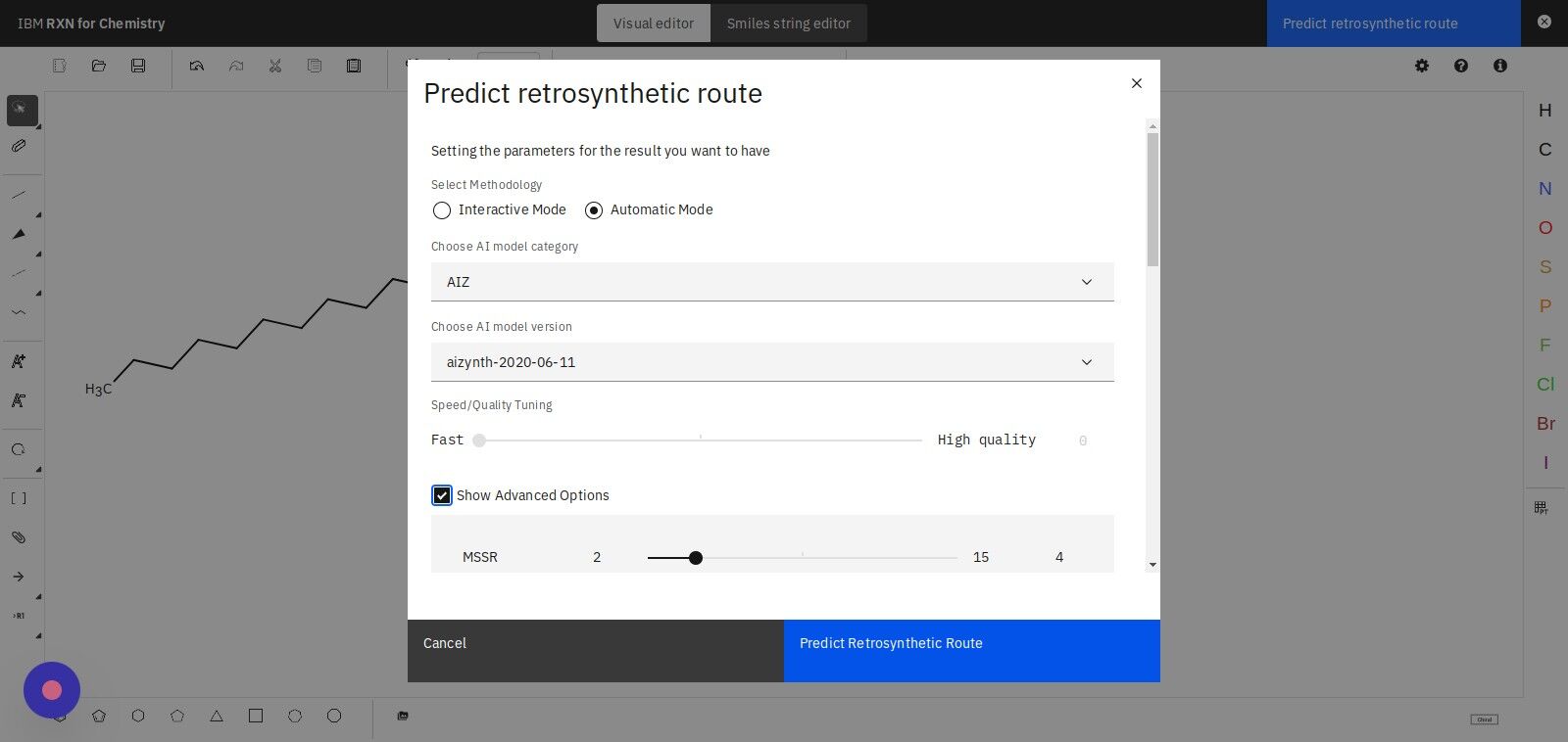 Screenshot of: Click "Predict Retrosynthetic Route"